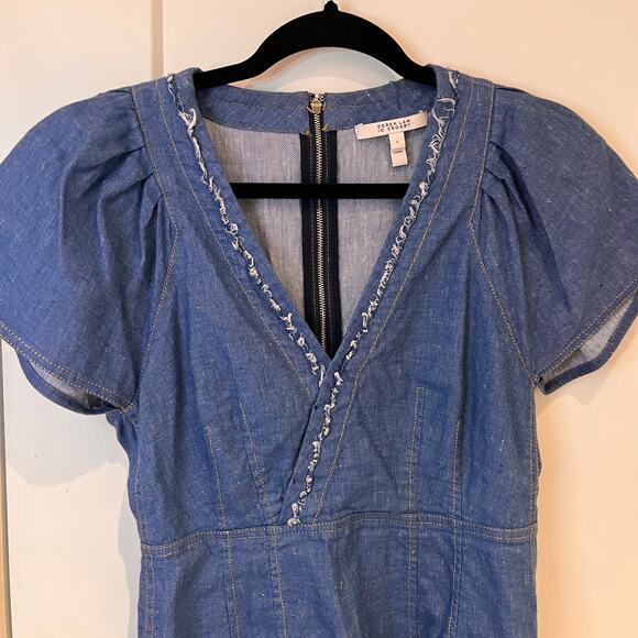 Derek Lam 10 Crosby Denim Cotton and Linen Faux Wrap Shift Dress Sz 4 - Picture 4 of 12